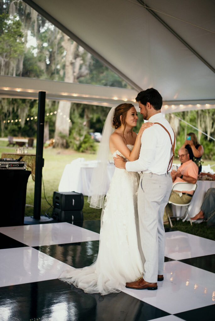 bride and groom first dance at captain's bluff