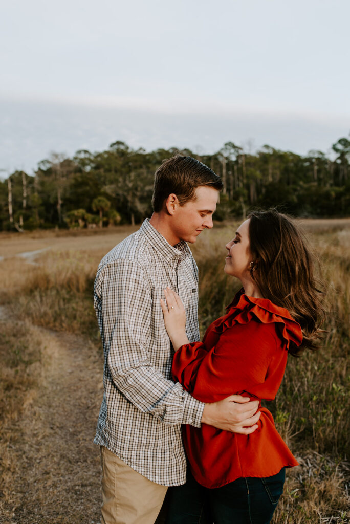couple looking into each other's eyes at skidaway island