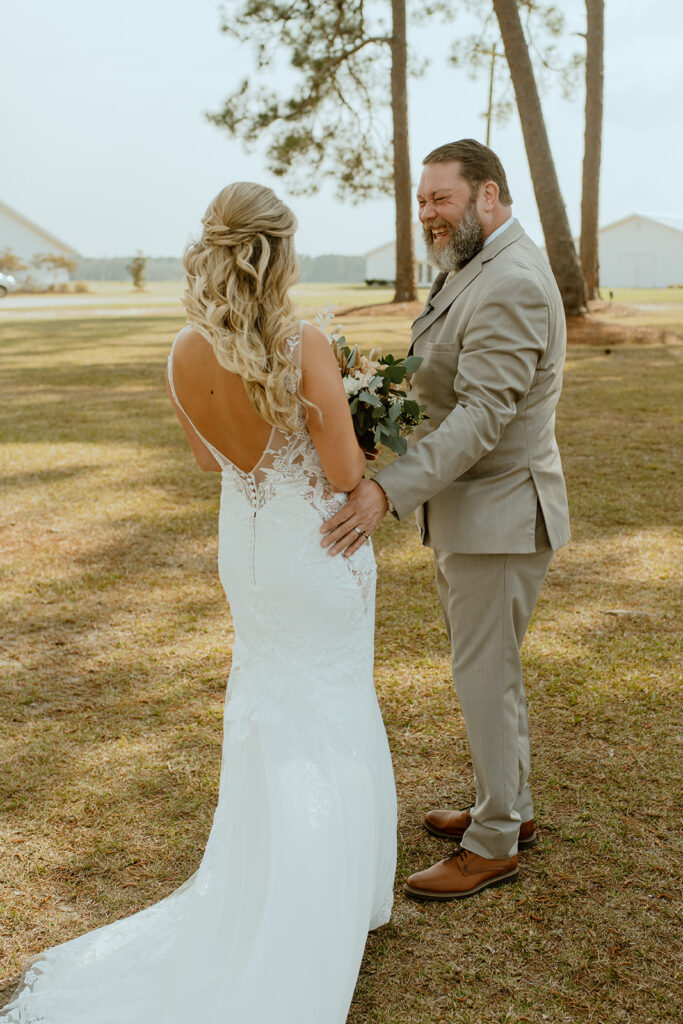 father daughter first look at dutch ford farm on wedding day